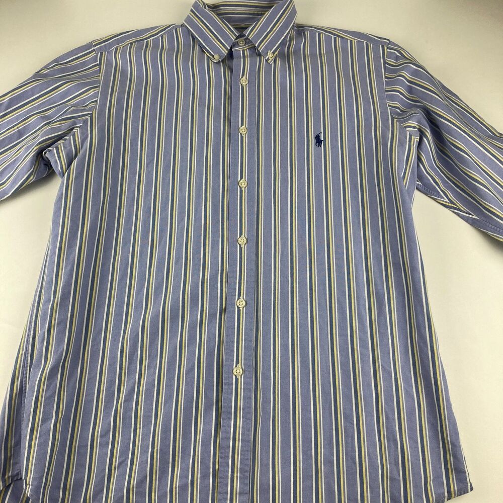 Ralph Lauren Men 15.5 32/33 Classic Fit Blue Yellow Stripe Button Down Shirt